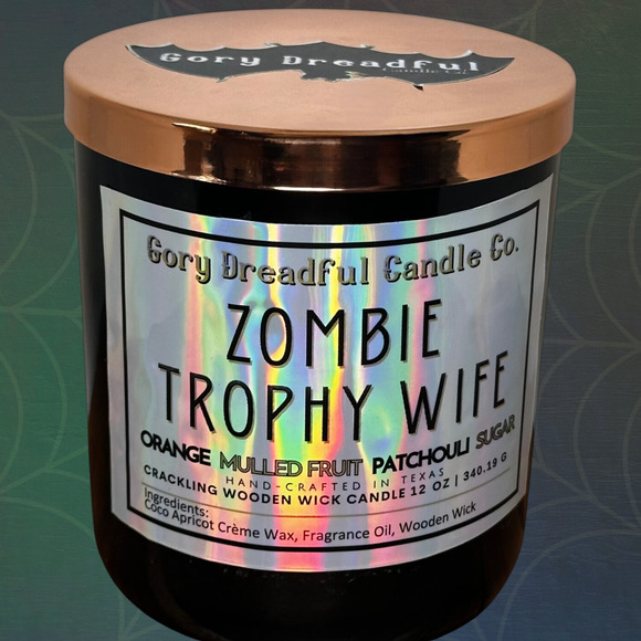 Zombie Trophy Wife Crackling Wood Wick Candle: Orange Patchouli Sugar Scent - Picture 1 of 10